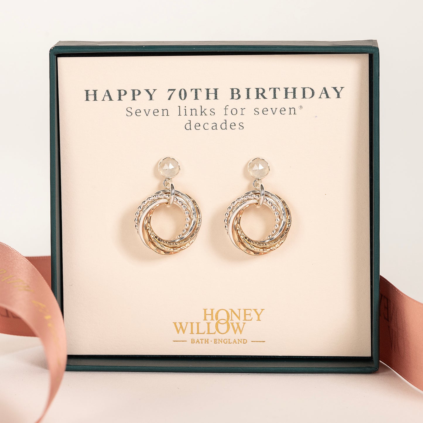 70th Birthday Birthstone Earrings - The Original 7 Links for 7 Decades - Petite Silver & Gold