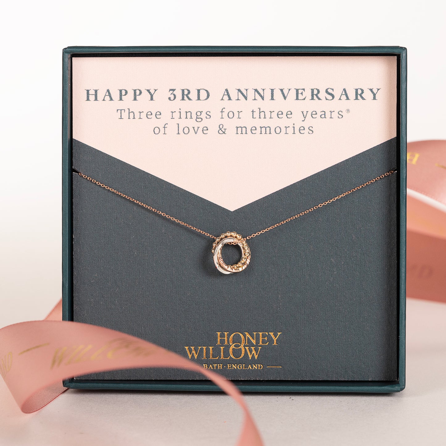9kt Gold 3rd Anniversary Love Knot Necklace - The Original 3 Links for 3 Years Necklace - Recycled Gold, Rose Gold & White Gold