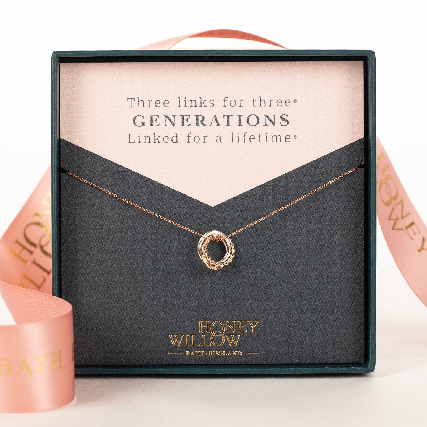 Family Links Necklace - 3 Links for 3 Generations - Silver & 9kt Gold Love Knot