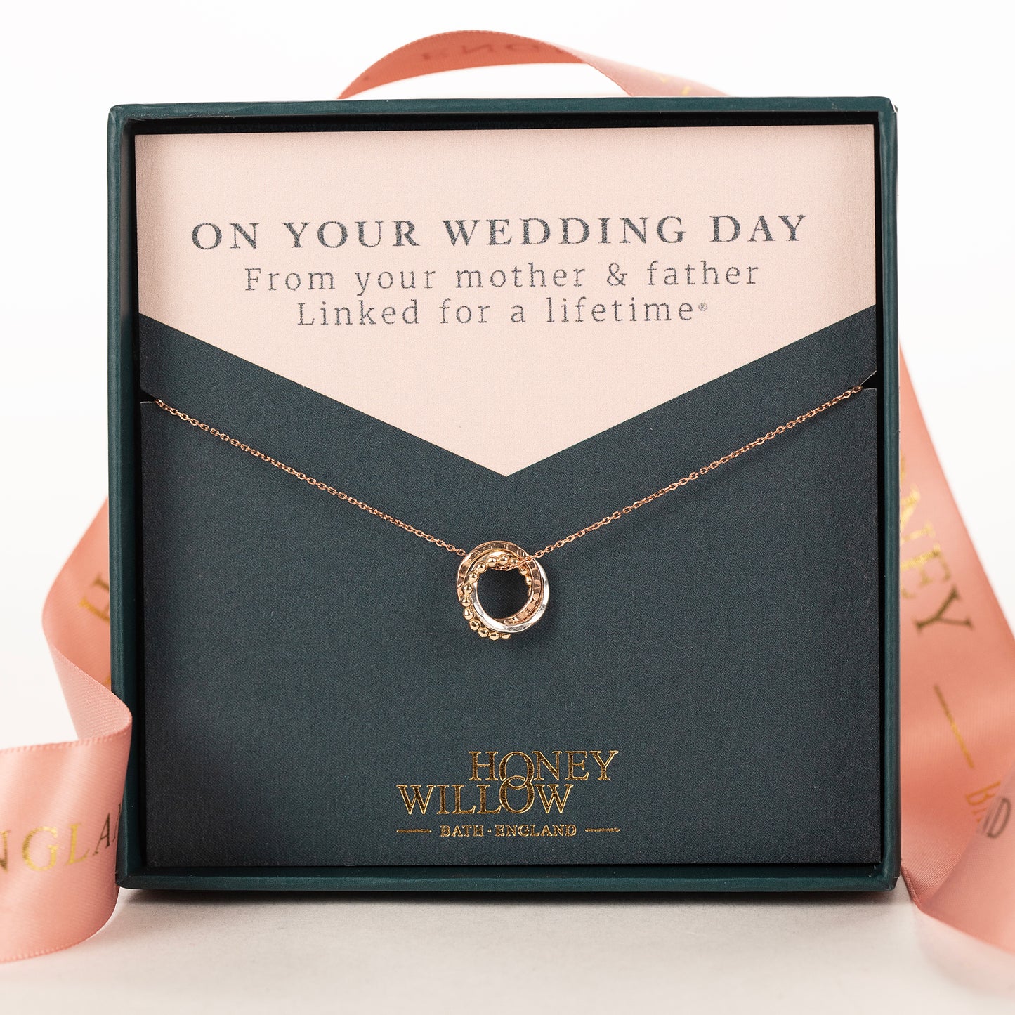 Wedding Day Gift for Bride from Mother & Father - 9kt Gold, Rose Gold & Silver Love Knot Necklace