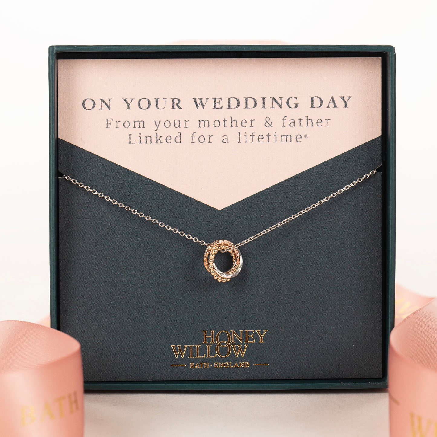 Wedding Day Gift for Bride from Mother & Father - 9kt Gold, Rose Gold & Silver Love Knot Necklace