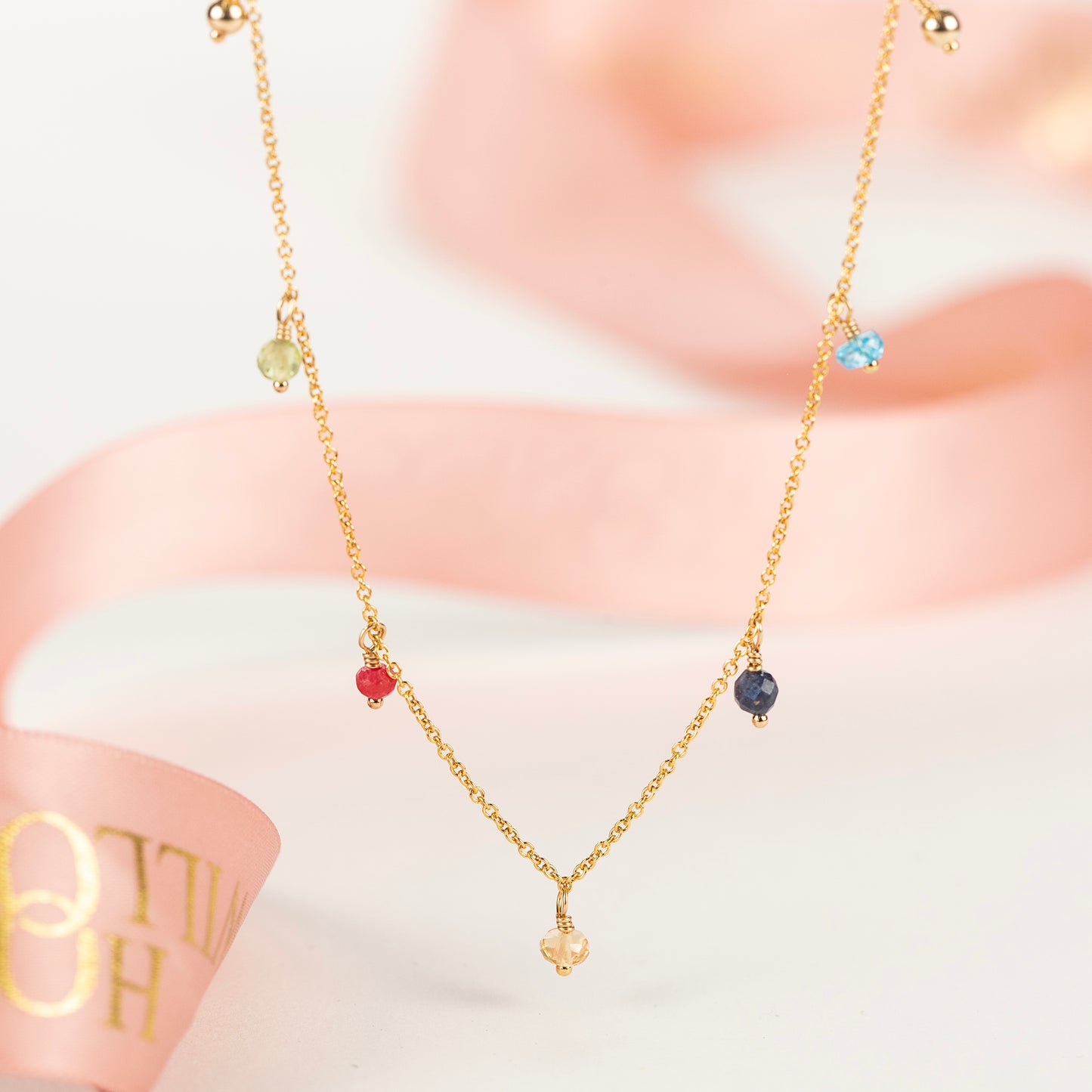 Delicate Family Birthstone Choker Necklace - 5 Birthstones for 5 Loved Ones - Silver & Gold