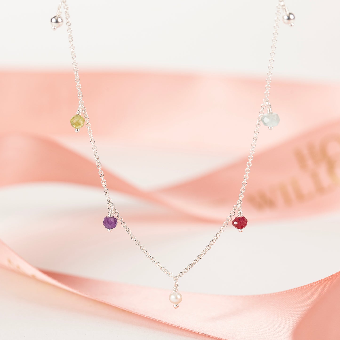 Gift for Mum - Delicate Family Birthstone Necklace - Five Birthstones for Five Loved Ones