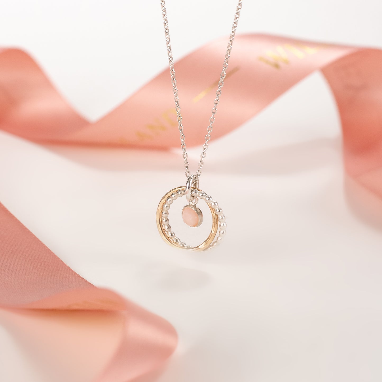 14th Anniversary Gift - Double Link Pink Opal Necklace - Silver & Gold