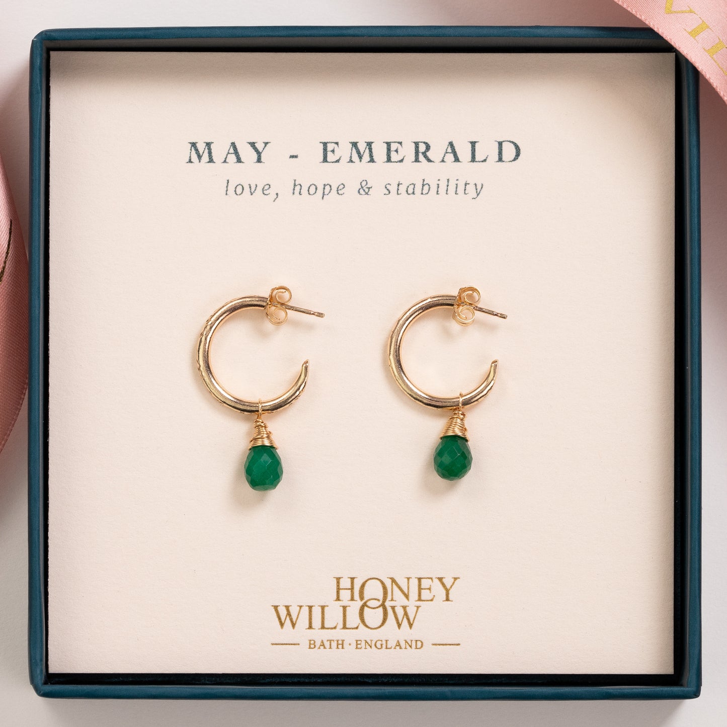 May Birthstone Earrings - Emerald Gold Hoops - 1.5cm