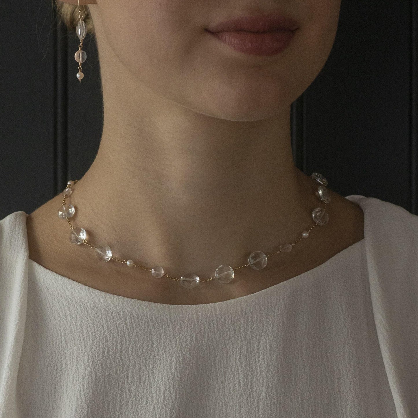 Long Crystal Back Drop Necklace - Silver & Gold - Venus
