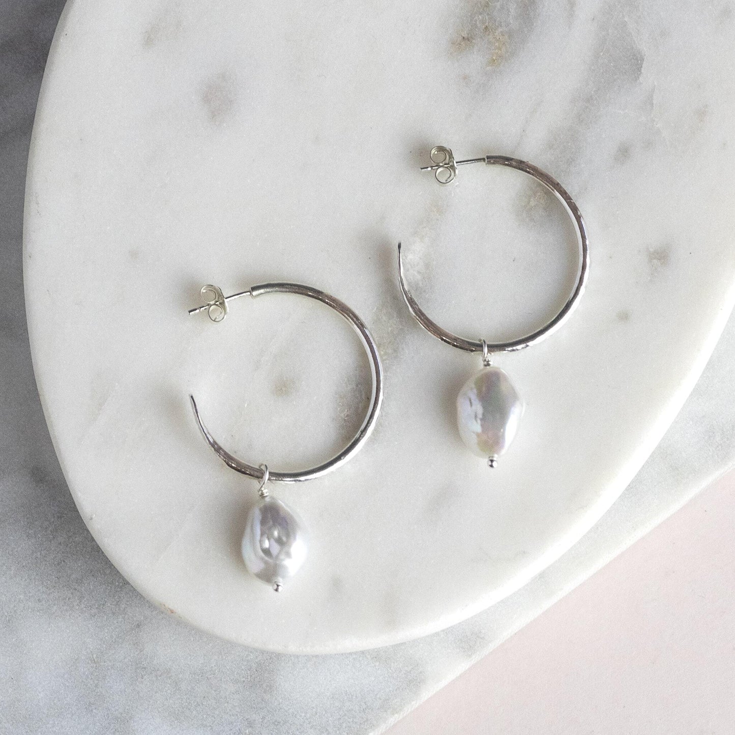 Small Silver Hoop Earrings with Pearls