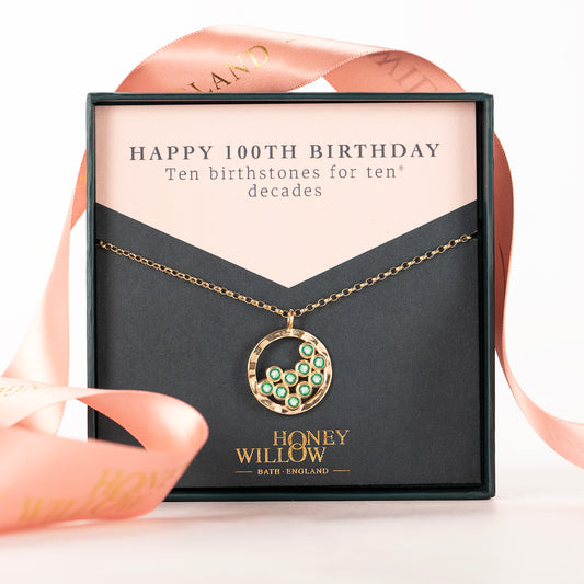 100th Birthday Necklace - 10 Birthstones for 10 Decades - 9kt Gold