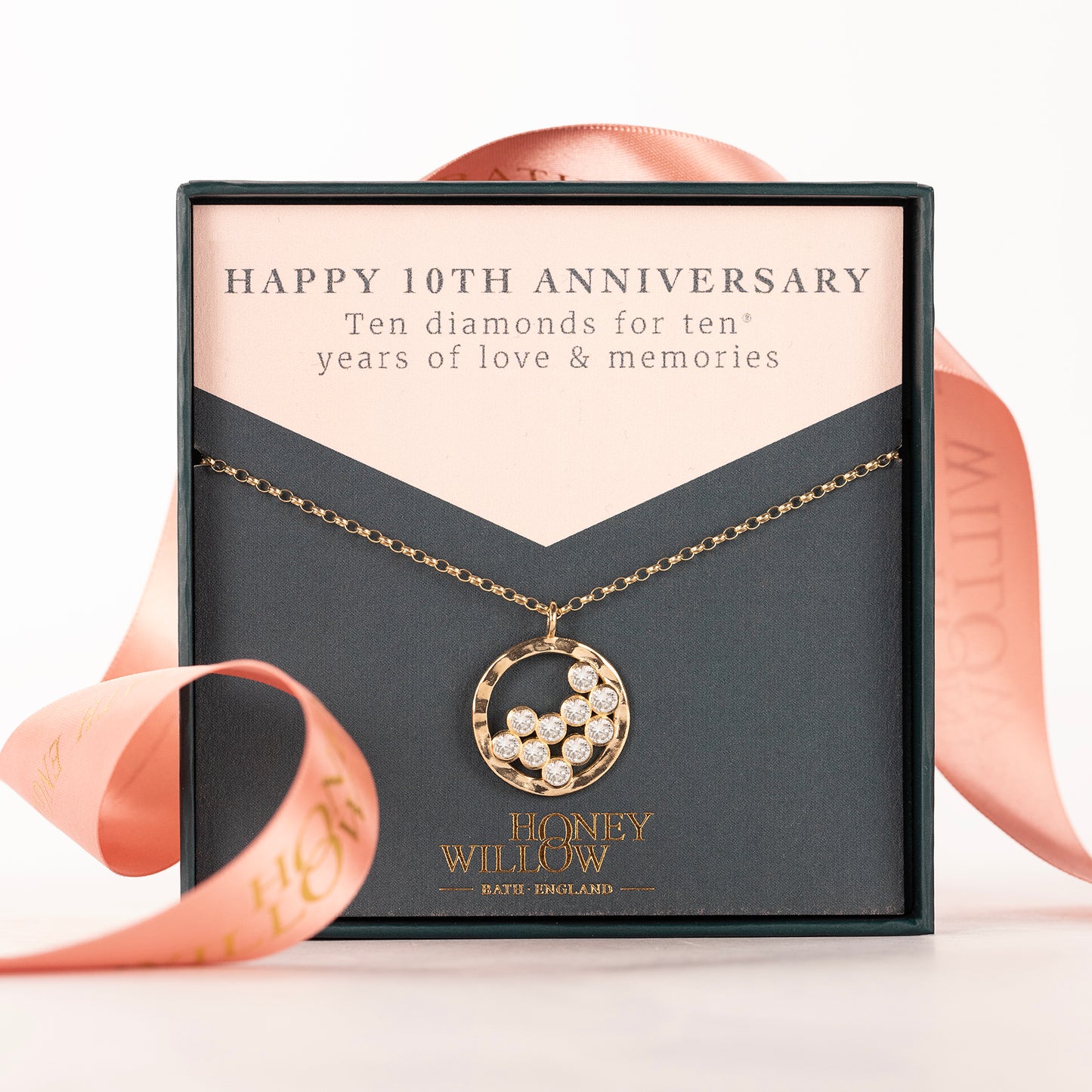 10th Anniversary Gift - 10 Diamonds for 10 Years Halo Necklace - 9kt Gold & Lab Grown Diamonds