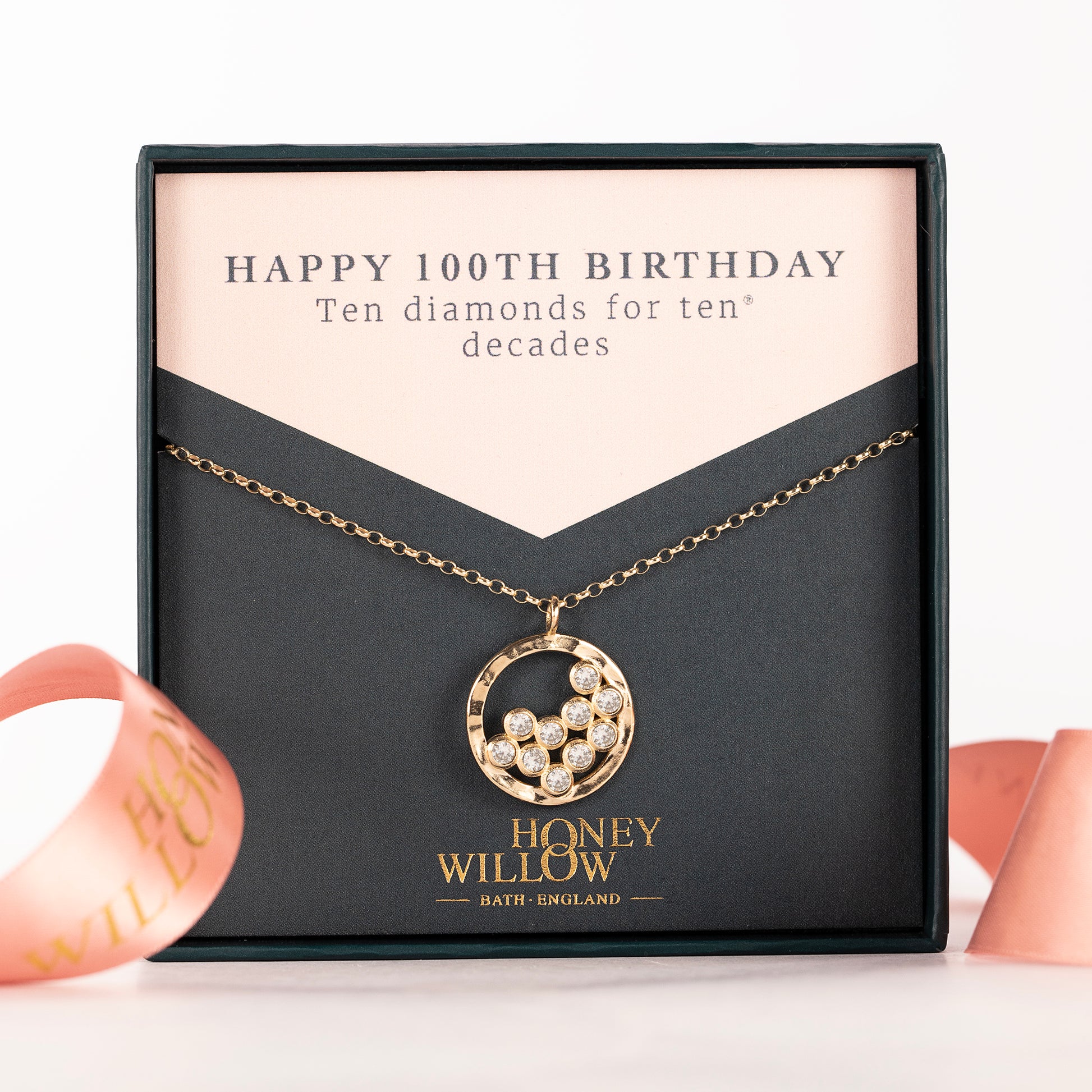 100th Birthday Necklace - 10 Diamonds for 10 Decades - 9kt Gold & Lab Grown Diamonds