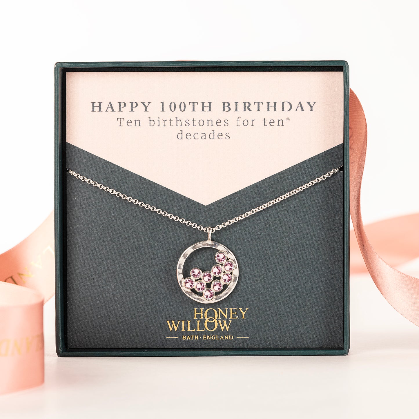 100th Birthday Necklace - 10 Birthstones for 10 Decades - Silver