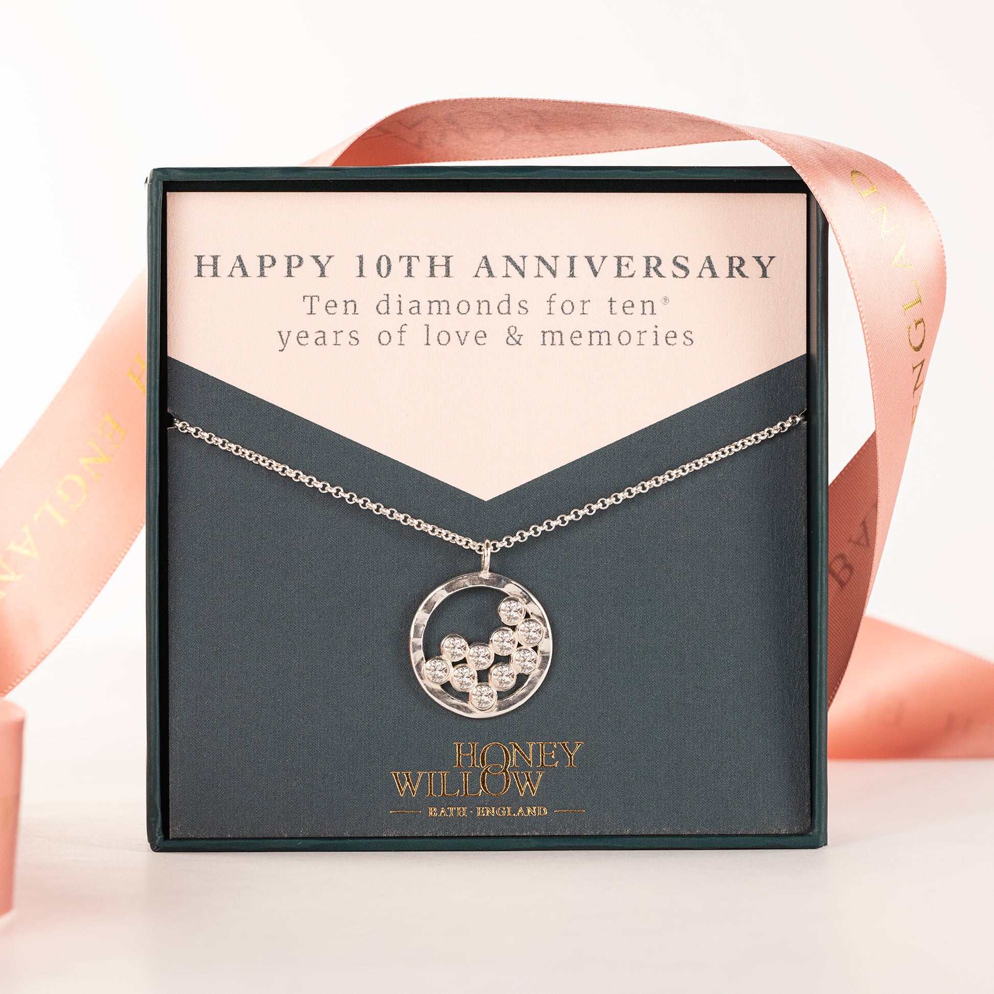 10th Anniversary Gift - 10 Diamonds for 10 Years Halo Necklace - Silver & Lab Grown Diamonds