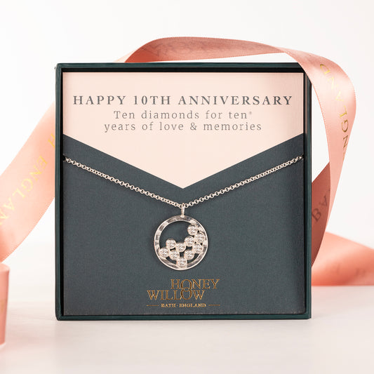 10th Anniversary Gift - 10 Diamonds for 10 Years Halo Necklace - Silver & Lab Grown Diamonds