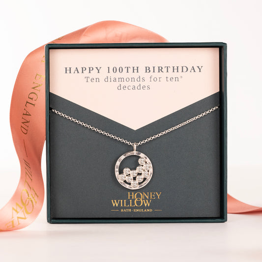 100th Birthday Necklace - 10 Diamonds for 10 Decades - Silver & Lab Grown Diamonds