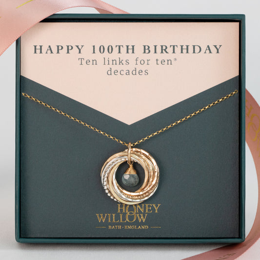 100th Birthday Birthstone Necklace - The Original 10 Links for 10 Decades Necklace - Silver & Gold