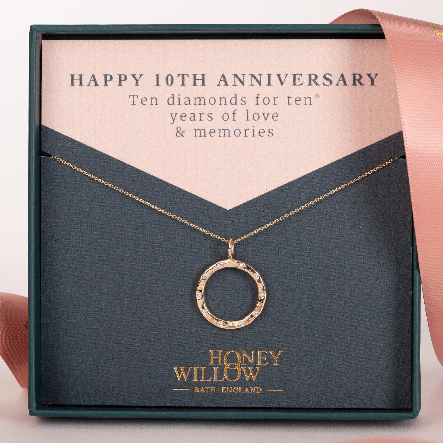 10th Anniversary Gift - 10 Diamonds for 10 Years Halo Necklace - 9kt Gold & Lab Grown Diamonds