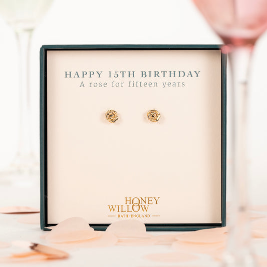 15th Birthday Gift - Rose Flower Stud Earrings - 9kt Gold