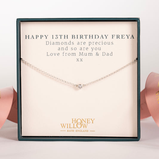 13th Birthday Gift - Single Diamond Necklace - Lab Grown Diamond - Silver