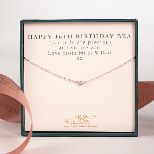 16th Birthday Gift - Single Diamond Necklace - Lab Grown Diamond - Silver