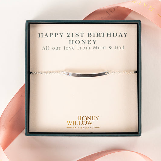 21st Birthday Gift - Single Birthstone Bar Bracelet - Silver