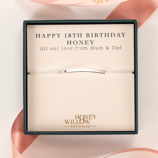 18th Birthday Gift - Single Birthstone Bar Bracelet - Silver