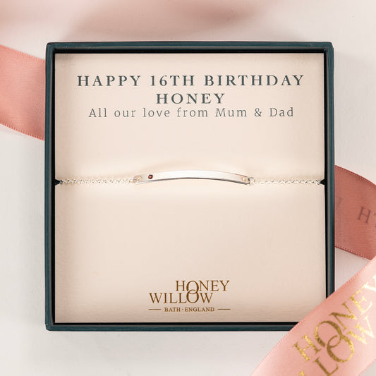 16th Birthday Gift - Single Birthstone Bar Bracelet - Silver