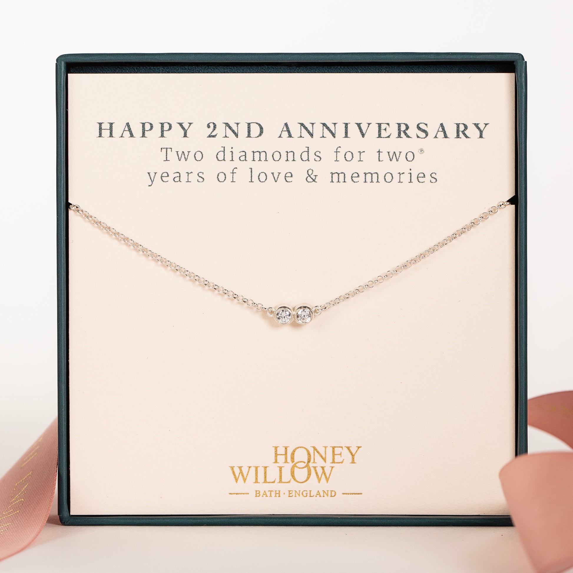 2nd Anniversary Necklace - 2 Diamonds for 2 Years - Lab Grown Diamonds - Silver