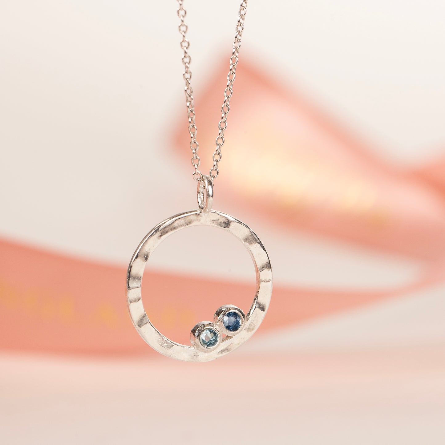 Family Birthstone Halo Necklace - 2 Birthstones for 2 Loved Ones - Silver