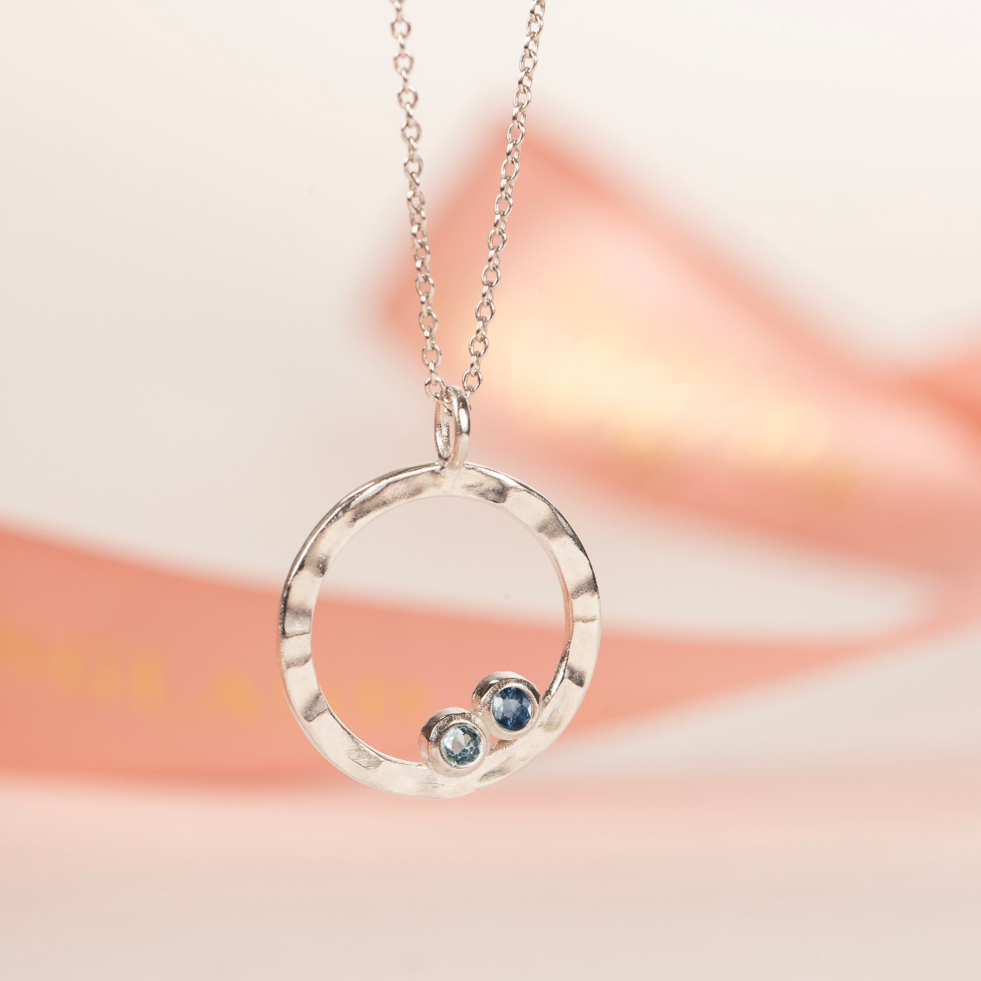 Family Birthstone Halo Necklace - 2 Birthstones for 2 Loved Ones - Silver