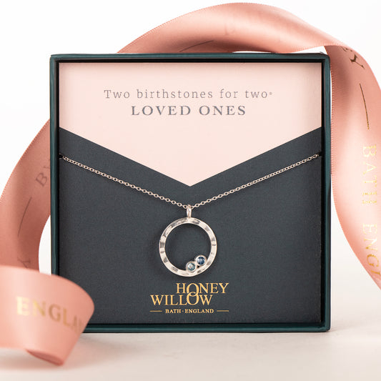 Family Birthstone Halo Necklace - 2 Birthstones for 2 Loved Ones - Silver