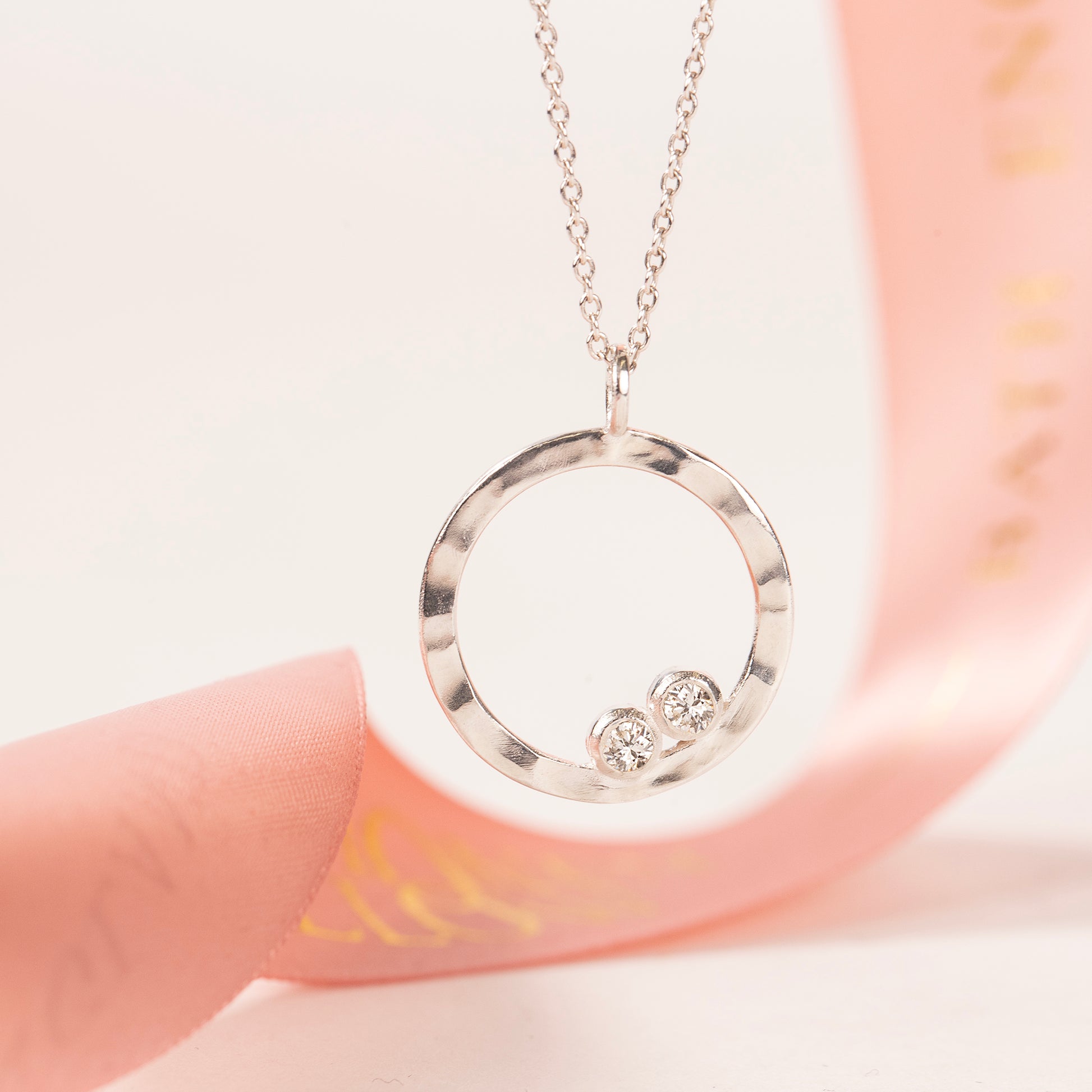 Diamond Halo Necklace - 2 Diamonds for 2 Loved Ones - Silver & Lab Grown Diamonds