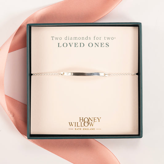 Diamond Bar Bracelet - Two Diamonds for Two Loved Ones - Silver