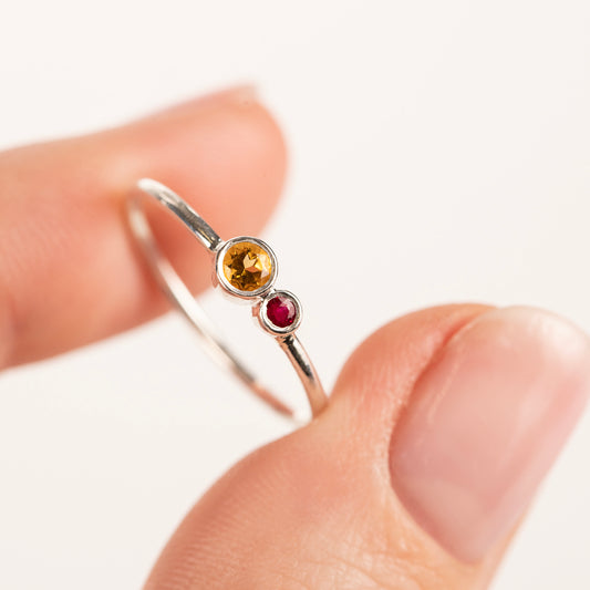 Asymmetrical Double Birthstone Ring - Silver