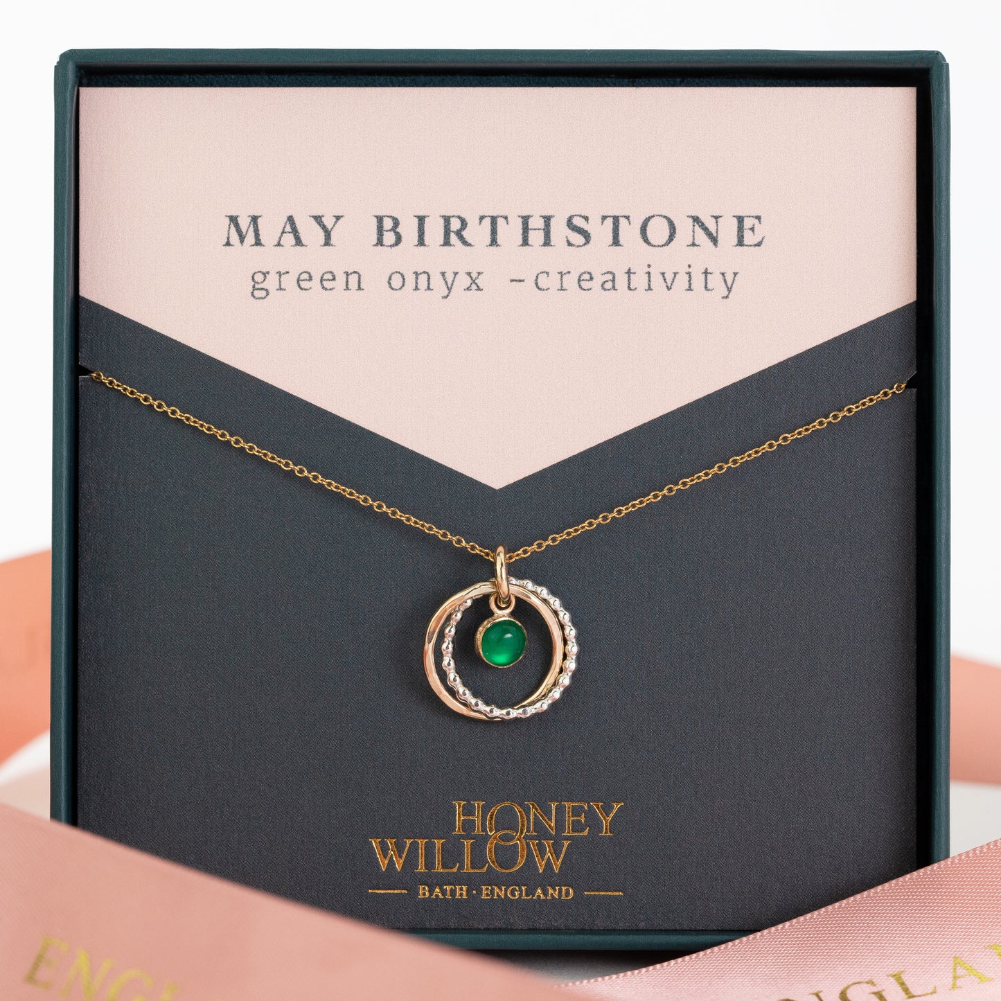 May Birthday Gift - Green Onyx Necklace - Silver & Gold
