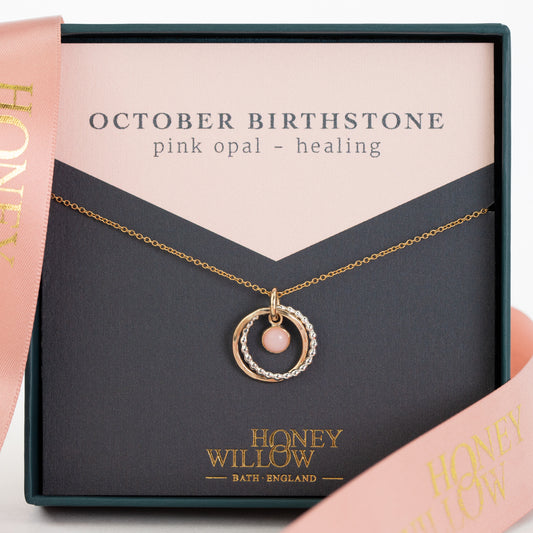 October Birthstone Necklace - Pink Opal - Silver & Gold