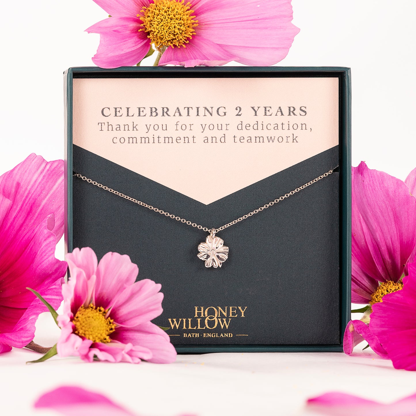 2 Year Work Anniversary Gift - Cosmos Flower Necklace - Silver