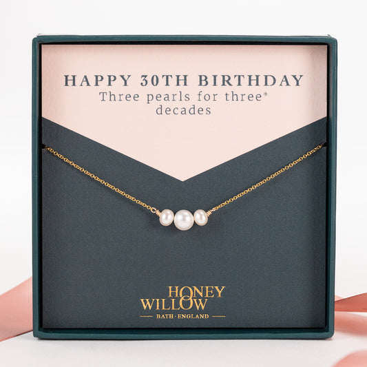 30th Birthday Pearl Necklace - 3 Pearls for 3 Decades - Silver & Gold