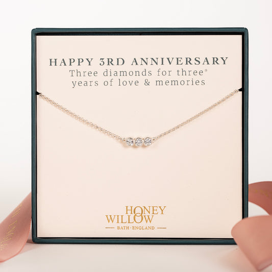 3rd Anniversary Necklace - 3 Diamonds for 3 Years - Lab Grown Diamonds - Silver