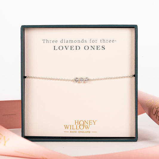 Family Diamond Bracelet - 3 Diamonds for 3 Loved Ones - Lab Grown Diamond & Silver