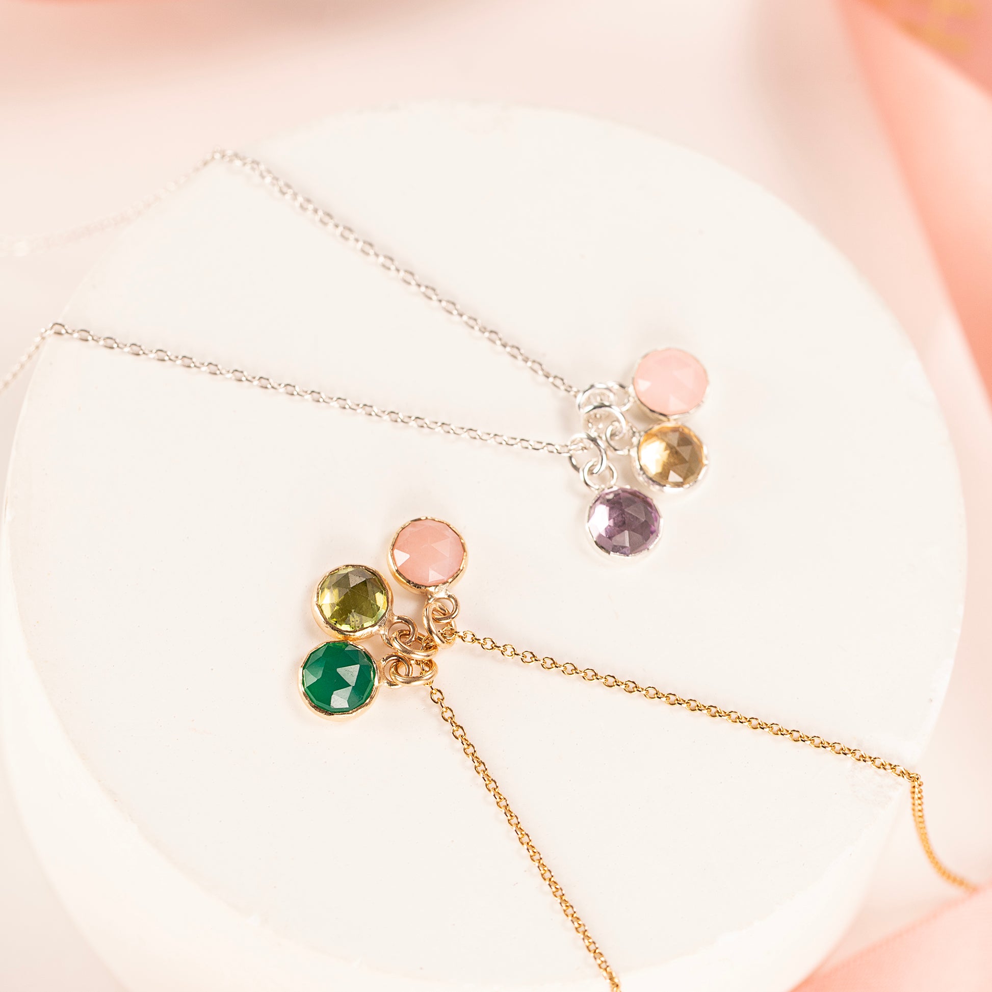 Family Birthstone Necklace - 3 Birthstones for 3 Loved Ones - Silver & Gold