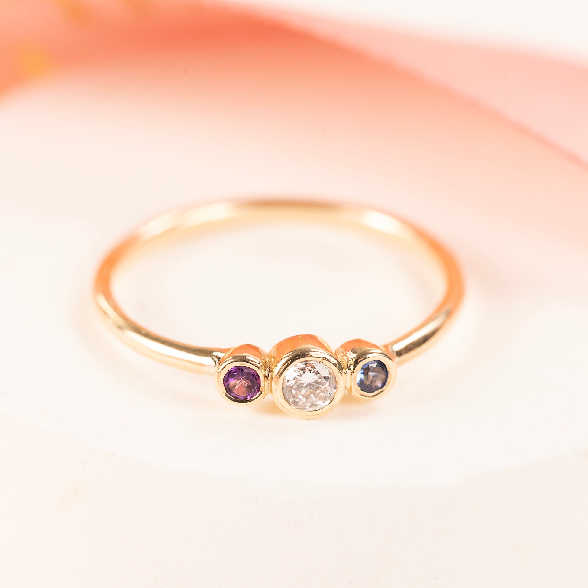 Family Birthstone Ring - Lab Grown Diamond & 2 Birthstones for 2 Loved Ones - 9kt Gold