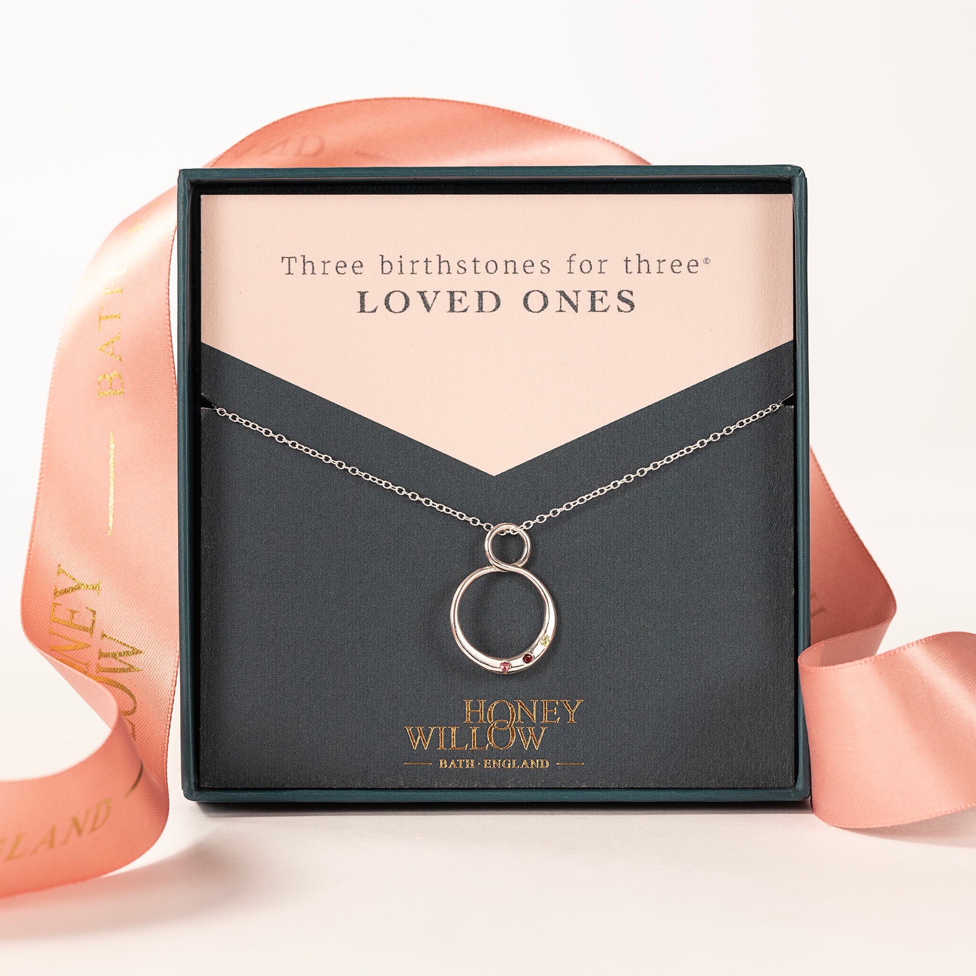 Family Birthstone Infinity Necklace - 3 Birthstones for 3 Loved Ones - Silver