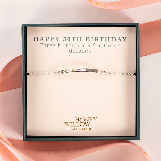 30th Birthday Gift - Birthstone Bar Bracelet - 3 Birthstones for 3 Decades - Silver