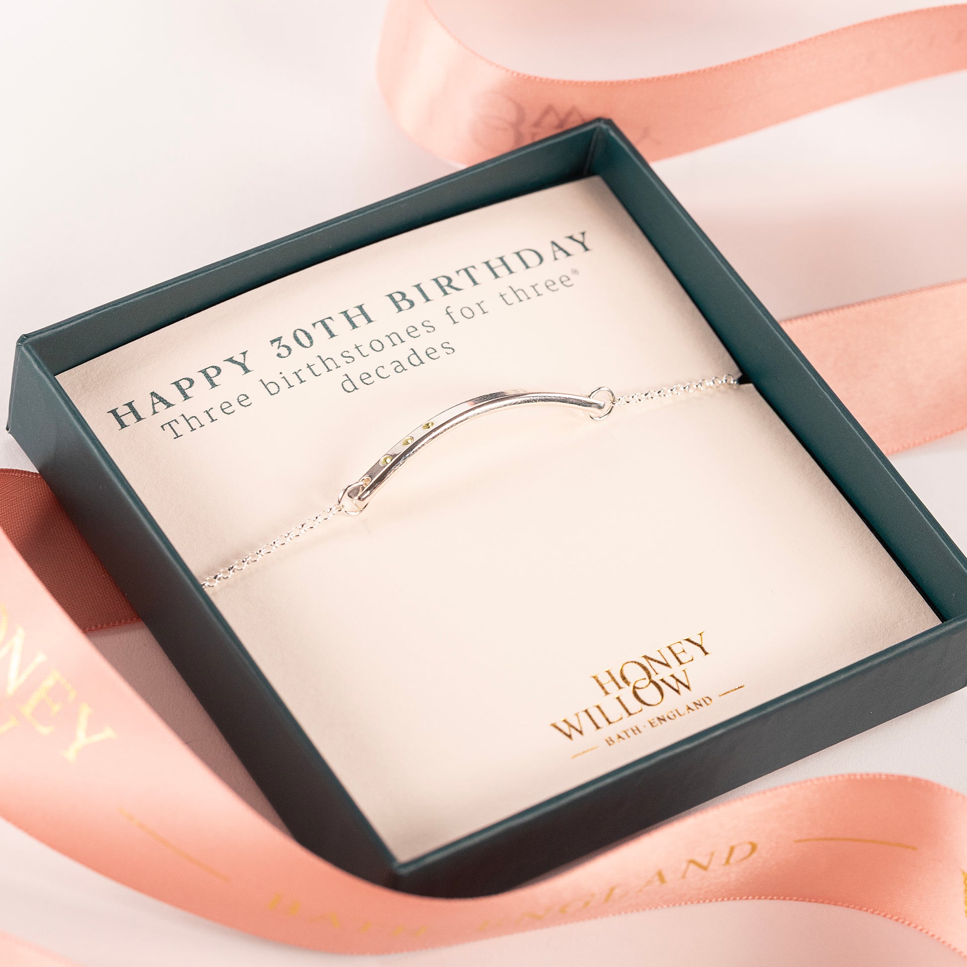 30th Birthday Gift - Birthstone Bar Bracelet - 3 Birthstones for 3 Decades - Silver