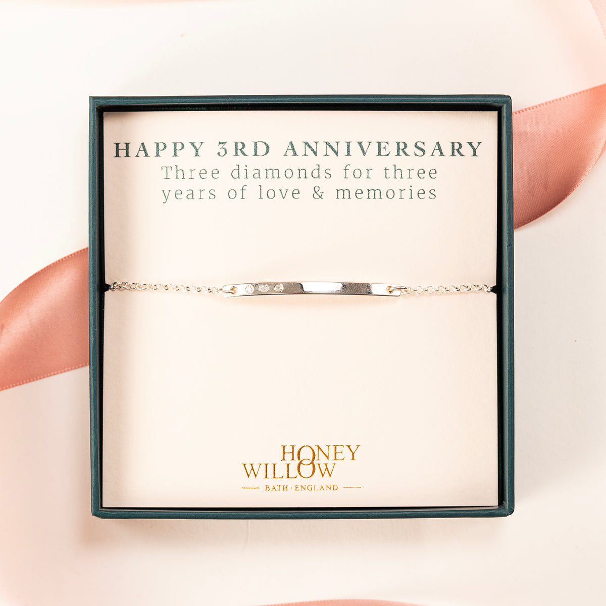 3rd Anniversary Gift - Diamond Bar Bracelet - 3 Diamonds for 3 Years - Silver