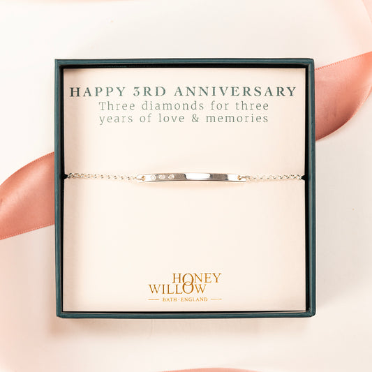 3rd Anniversary Gift - Diamond Bar Bracelet - 3 Diamonds for 3 Years - Silver