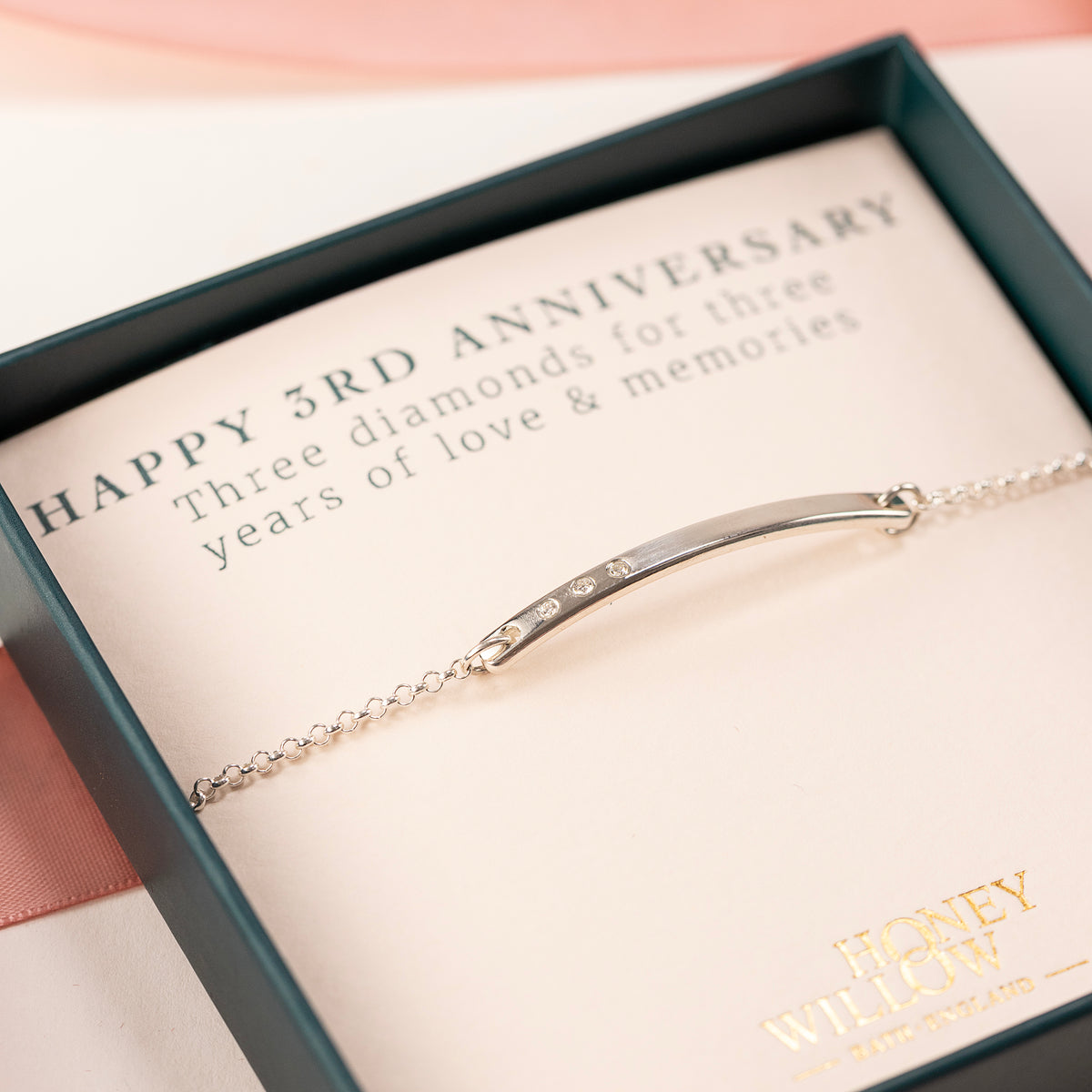 3rd Anniversary Gift - Diamond Bar Bracelet - 3 Diamonds for 3 Years - Silver