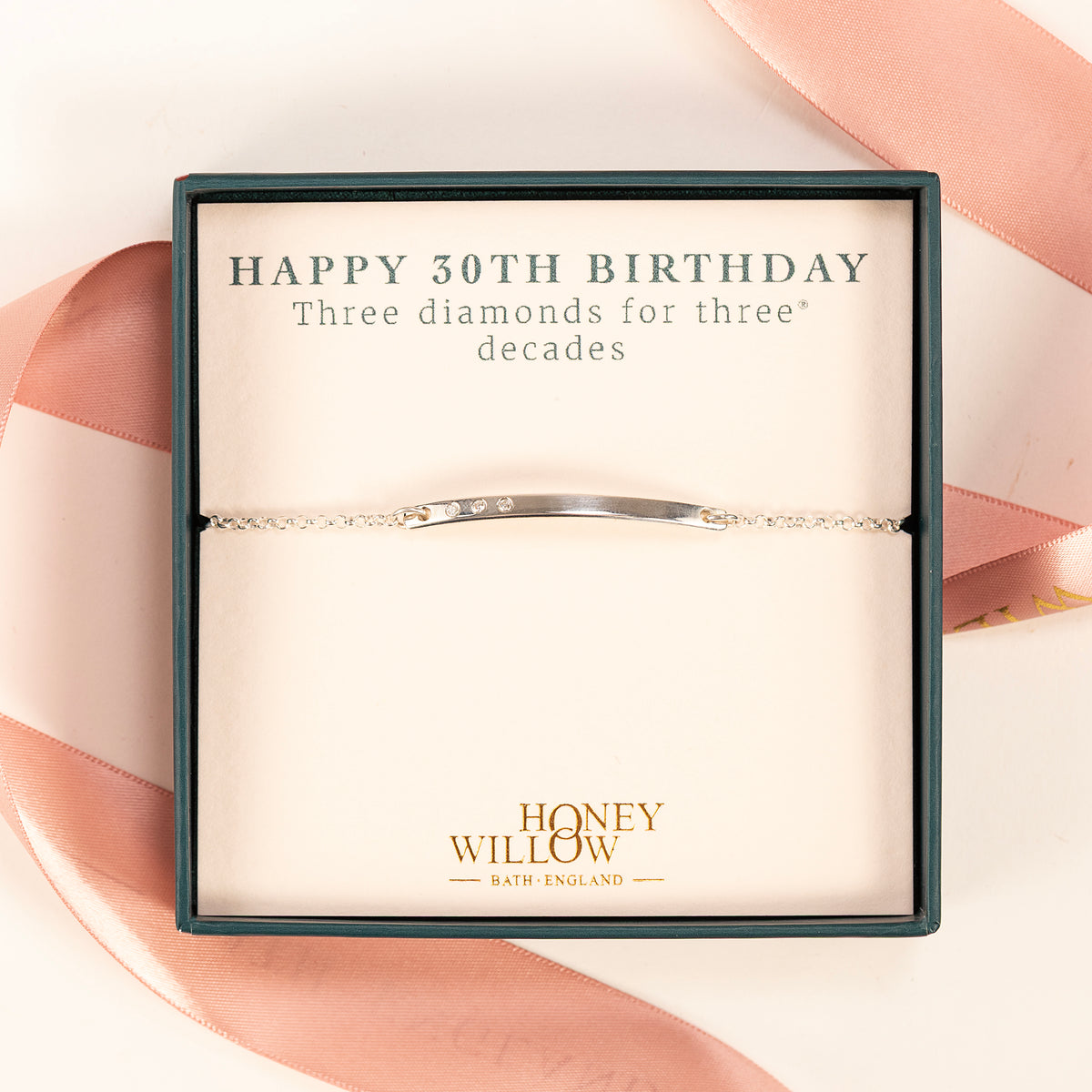 30th Birthday Gift - Diamond Bar Bracelet - 3 Diamonds for 3 Decades - Silver & Lab Grown Diamonds