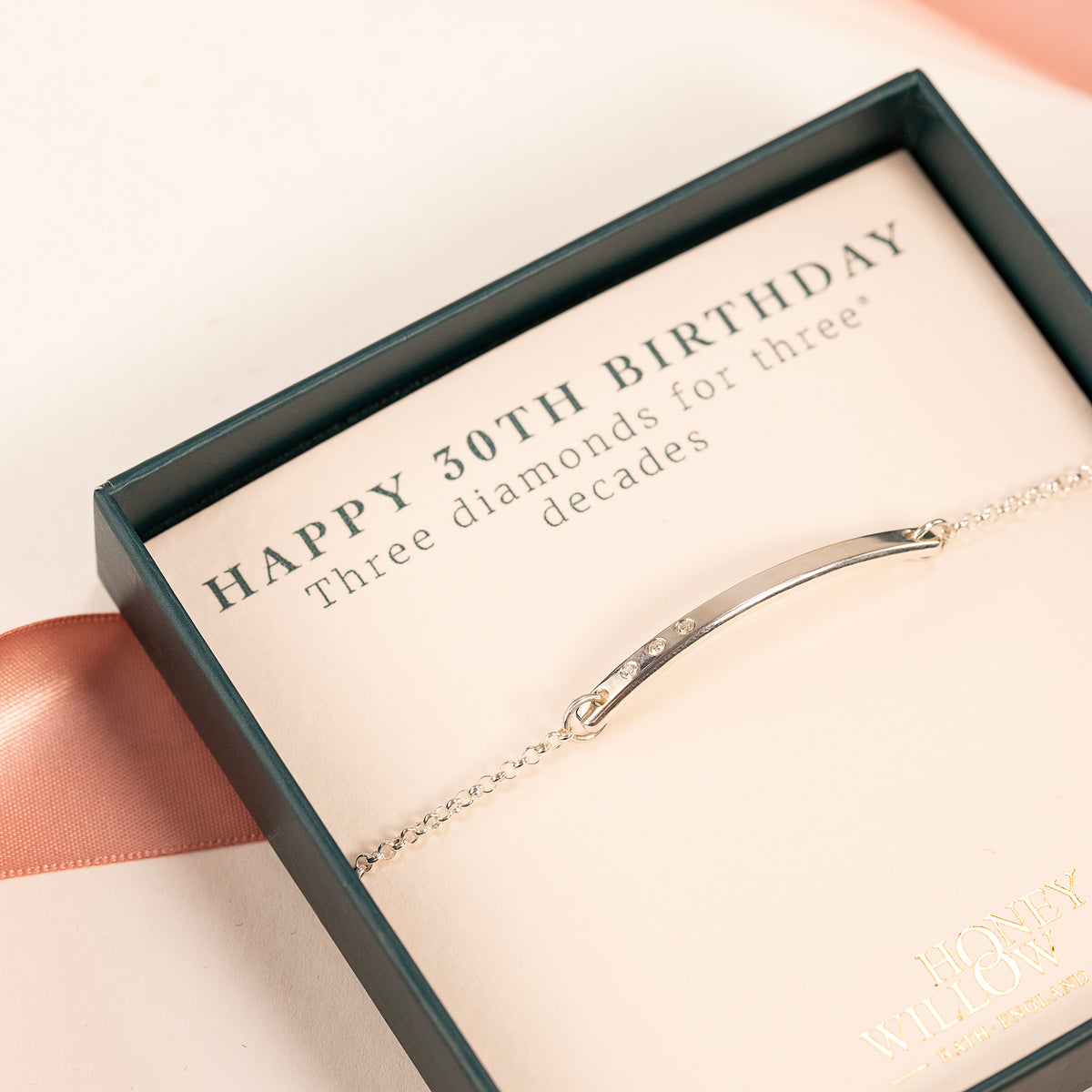 30th Birthday Gift - Diamond Bar Bracelet - 3 Diamonds for 3 Decades - Silver & Lab Grown Diamonds