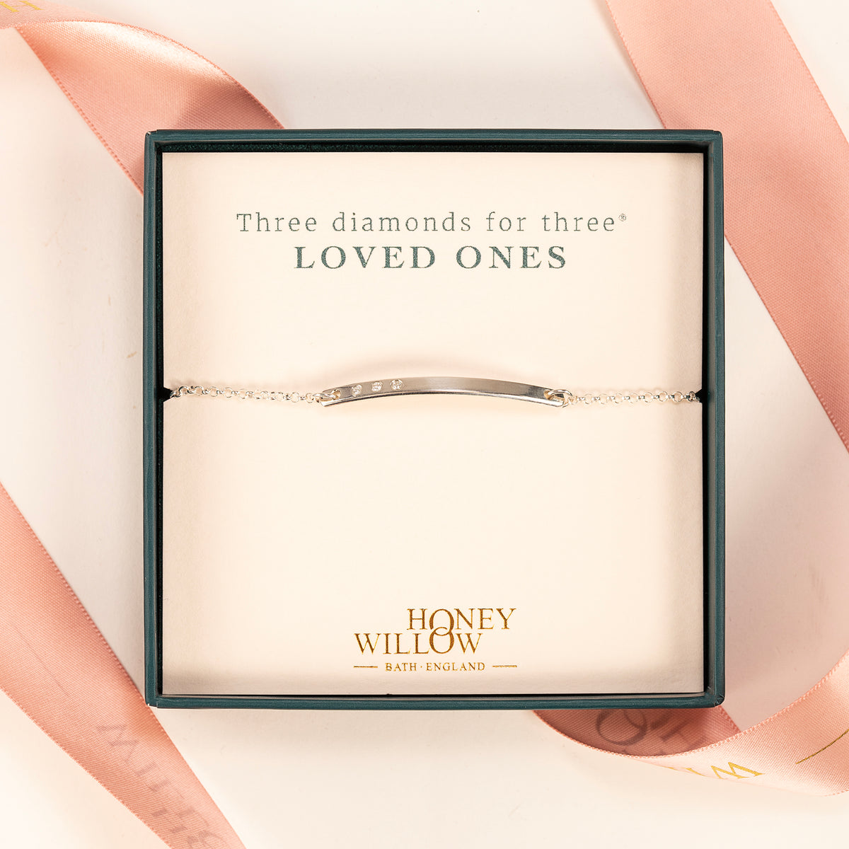 Diamond Bar Bracelet - Three Diamonds for Three Loved Ones - Silver